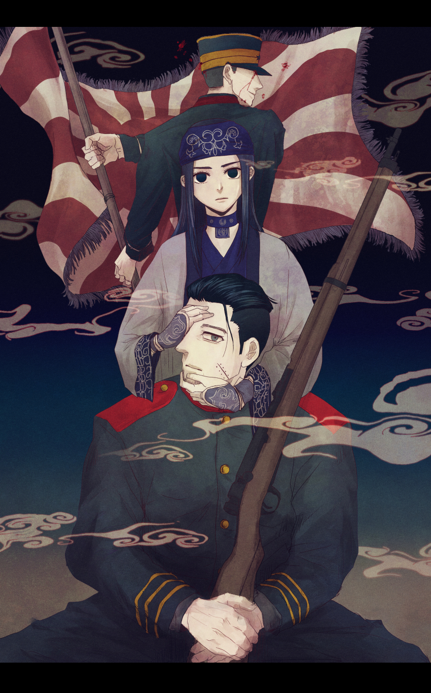 1girl 2boys absurdres ainu_clothes asirpa black_eyes blank_stare bleeding blood facial_hair facial_scar facing_away flag golden_kamuy grey_eyes gun hanazawa_yusaku hand_over_another&#039;s_eye haru_gaga highres holding holding_flag imperial_japanese_army letterboxed long_sleeves looking_at_viewer military_uniform multiple_boys ogata_hyakunosuke own_hands_together scar scar_on_cheek scar_on_face stubble weapon wide_sleeves