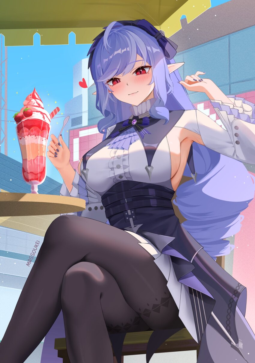 1girl armpits artist_name ascot black_nails black_pantyhose blue_sky blush bow bowtie breasts center_frills commentary crossed_legs day dress drill_hair english_commentary food frills gem highres ice_cream large_breasts long_hair massoukei mole mole_under_eye open_mouth outdoors pantyhose patterned_legwear pointy_ears purple_ascot purple_bow purple_bowtie purple_gemstone purple_hair red_eyes shrug_(clothing) sideboob sideless_shirt sky sleeveless sleeveless_dress solo sundae vivian_(zenless_zone_zero) white_dress white_shrug zenless_zone_zero