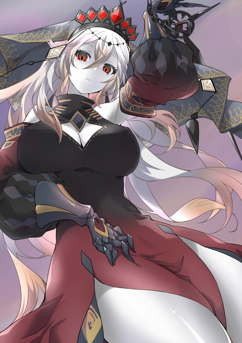 1girl bare_shoulders blazing_cartesia_the_virtuous breasts cleavage_cutout clothing_cutout colored_skin detached_sleeves dress duel_monster ecclesia_(yu-gi-oh!) gauntlets hair_between_eyes highres kamo_(riverside_kamo) large_breasts long_hair pale_skin pointy_ears red_dress red_eyes solo sword tiara veil weapon white_hair white_skin yu-gi-oh!