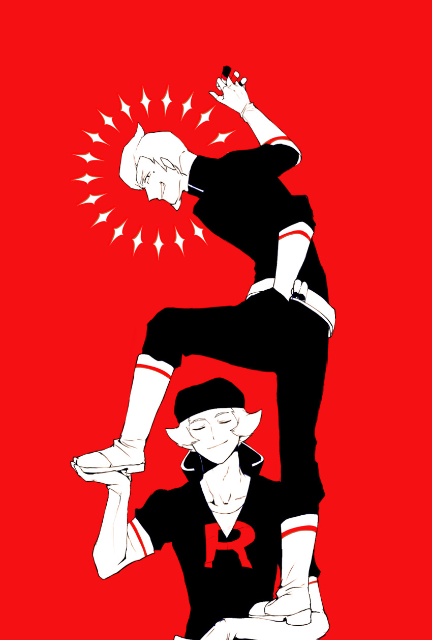 2boys beard belt beret boots closed_eyes collarbone facial_hair gloves hand_in_pocket hat high_collar highres human_tower looking_at_viewer male_focus mole mole_under_eye multiple_boys nintendo petrel_(pokemon) pokemon pokemon_hgss proton_(pokemon) red_background red_theme sioma709iie smirk stacking standing_on_person team_rocket team_rocket_uniform