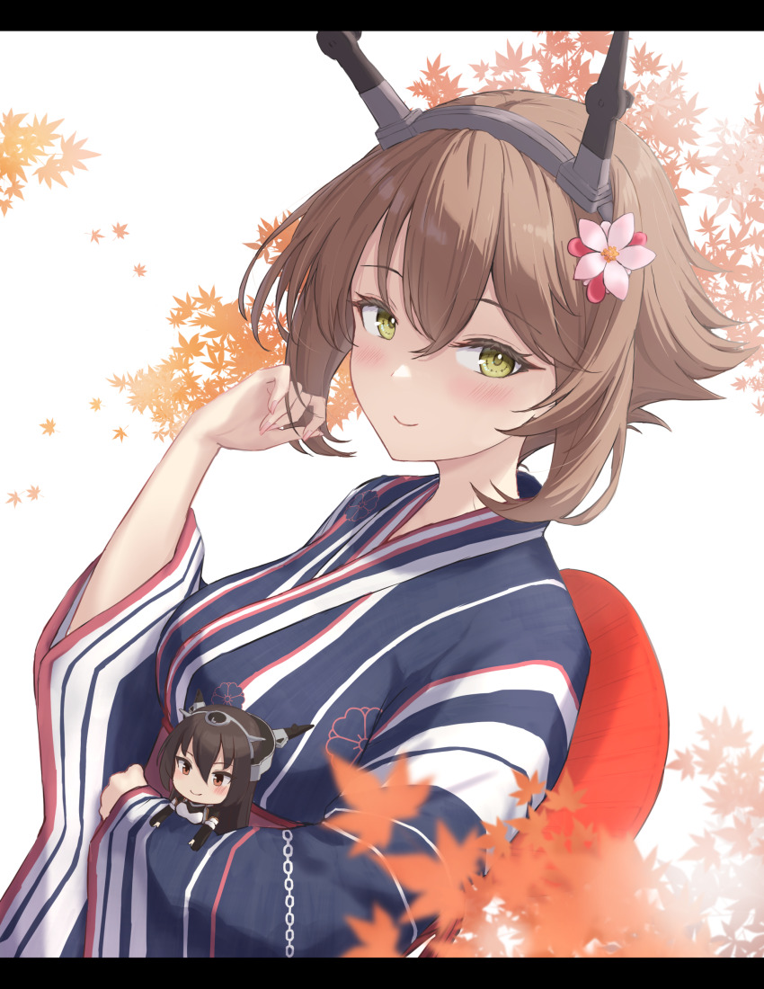 1girl absurdres breasts brown_hair character_doll flipped_hair flower green_eyes hair_between_eyes hair_flower hair_ornament headgear highres japanese_clothes kantai_collection kimono large_breasts monoku mutsu_(kancolle) mutsu_(yukata)_(kancolle) nagato_(kancolle) nagato_kai_ni_(kancolle) obi official_alternate_costume sash short_hair smile solo striped_clothes striped_kimono vertical-striped_clothes vertical-striped_kimono wide_sleeves yukata
