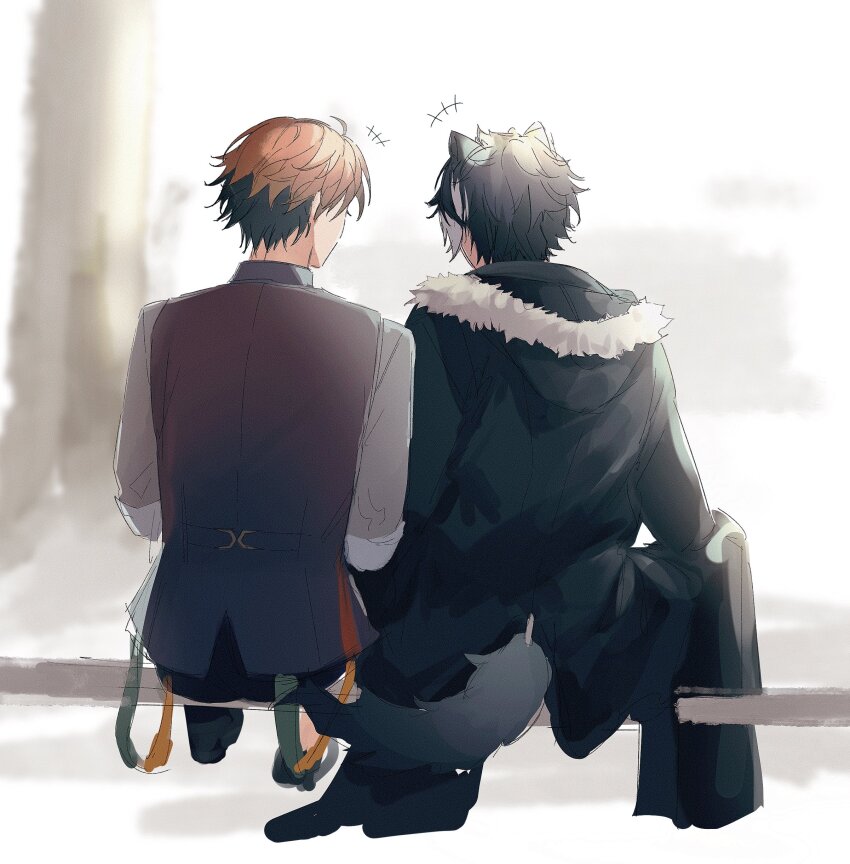 2boys absurdres animal_ears black_coat black_hair coat curtained_hair from_behind highres holostars jackal_boy jackal_ears jackal_tail jacket kageyama_shien kageyama_shien_(1st_costume) male_focus mg_ytm multicolored_hair multiple_boys orange_hair pants shirt short_hair simple_background sitting sketch two-tone_hair vest virtual_youtuber white_hair yaoi yukoku_roberu yukoku_roberu_(1st_costume)