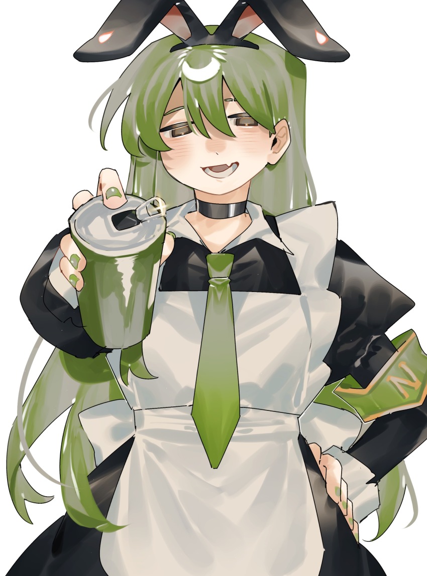 1boy absurdres animal_ears apron armband black_choker black_dress brown_eyes can choker collared_dress crossdressing dress eyebrow_cut fake_animal_ears fang green_armband green_hair green_nails hand_on_own_hip highres holding holding_can incoming_drink juliet_sleeves lobotomy_corporation long_hair long_sleeves maid male_focus male_maid netzach_(project_moon) open_collar project_moon puffy_sleeves rabbit_ears simple_background solo toeiki_c trap white_apron white_background