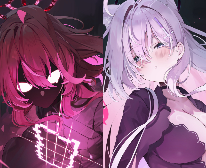 2girls absurdres ahoge animal_ears black_dress black_halo black_jacket blue_archive blue_eyes blush breasts cleavage commentary_request cross cross_hair_ornament dress extra_ears grey_hair hair_between_eyes hair_ornament halo highres hoshino_(blue_archive) hoshino_terror_(blue_archive) inverted_cross jacket kuroshiro_kanae large_breasts light_in_heart looking_at_viewer medium_hair mismatched_pupils multiple_girls no_pupils open_clothes open_jacket red_hair red_halo red_shirt shiroko_(blue_archive) shiroko_terror_(blue_archive) shirt solo spoilers upper_body white_eyes wolf_ears wolf_girl