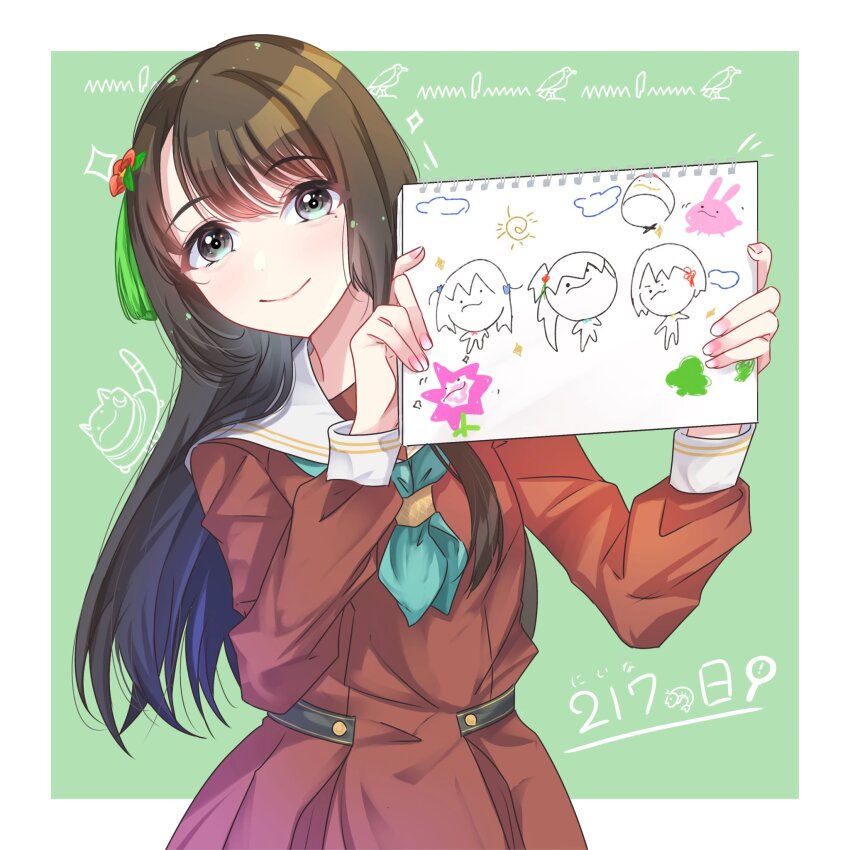 1girl 217find! animification aqua_neckerchief border brown_dress brown_hair cat closed_mouth commentary date_pun doodle_inset drawing_(object) dress flower green_background hair_flower hair_ornament hanamiya_nina hanamiya_nina_(style) hasu_no_sora_school_uniform highres hinoshita_kaho holding holding_drawing holding_sketchbook link!_like!_love_live! long_hair long_sleeves love_live! mole mole_under_eye momose_ginko neckerchief number_pun otomune_kozue outside_border pleated_dress real_life red_flower sailor_collar sailor_dress sakari_(pear_8_ll) school_uniform sketchbook smile solo tassel tassel_hair_ornament virtual_youtuber voice_actor white_border white_sailor_collar winter_uniform