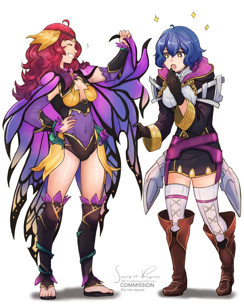 2girls :o ahoge alternate_hair_color black_gloves black_leotard blue_hair boots breasts butterfly_wings covered_navel detached_sleeves facing_another female_morgan_(fire_emblem) fire_emblem fire_emblem_awakening fire_emblem_fates fire_emblem_heroes full_body gloves grin hand_on_own_hip highres insect_wings knee_boots leotard long_hair looking_at_another medium_breasts multiple_girls nintendo official_alternate_costume open_mouth ophelia_(fire_emblem) ophelia_(resplendent)_(fire_emblem) purple_eyes red_hair short_hair sierra117renner simple_background smile sparkling_eyes standing thighhighs thighs tongue wavy_hair white_background white_thighhighs wing_cape wings