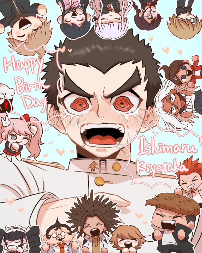 6+boys 6+girls :d ahoge asahina_aoi black_hair black_ribbon blush bow brown_hair celestia_ludenberg character_name chibi cosplay danganronpa:_trigger_happy_havoc danganronpa_(series) drill_hair enoshima_junko enoshima_junko_(cosplay) everyone fujisaki_chihiro fukawa_toko glasses grey_hair hagakure_yasuhiro hair_bow hair_ornament hair_ribbon happy_birthday hato_ya_ma heart highres ikusaba_mukuro ishimaru_kiyotaka kirigiri_kyoko kuwata_leon maizono_sayaka monokuma multiple_boys multiple_girls naegi_makoto ogami_sakura open_mouth orange_hair owada_mondo pompadour rabbit_hair_ornament red_eyes ribbon short_hair smile solo_focus tears teeth togami_byakuya twin_drills twintails upper_teeth_only white_gakuran yamada_hifumi
