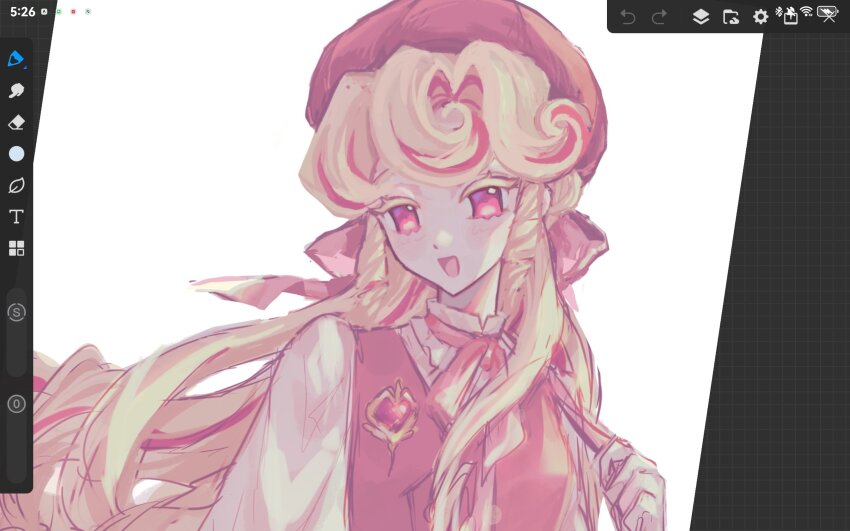 1girl blonde_hair colored_eyelashes cookie_run cookie_run:_kingdom curly_hair dress flipped_bangs highres humanization kouign-amann_cookie long_hair looking_at_viewer mokaink28 multicolored_hair open_mouth pink_dress pink_eyes pink_hair pink_streaks simple_background smile solo very_long_hair