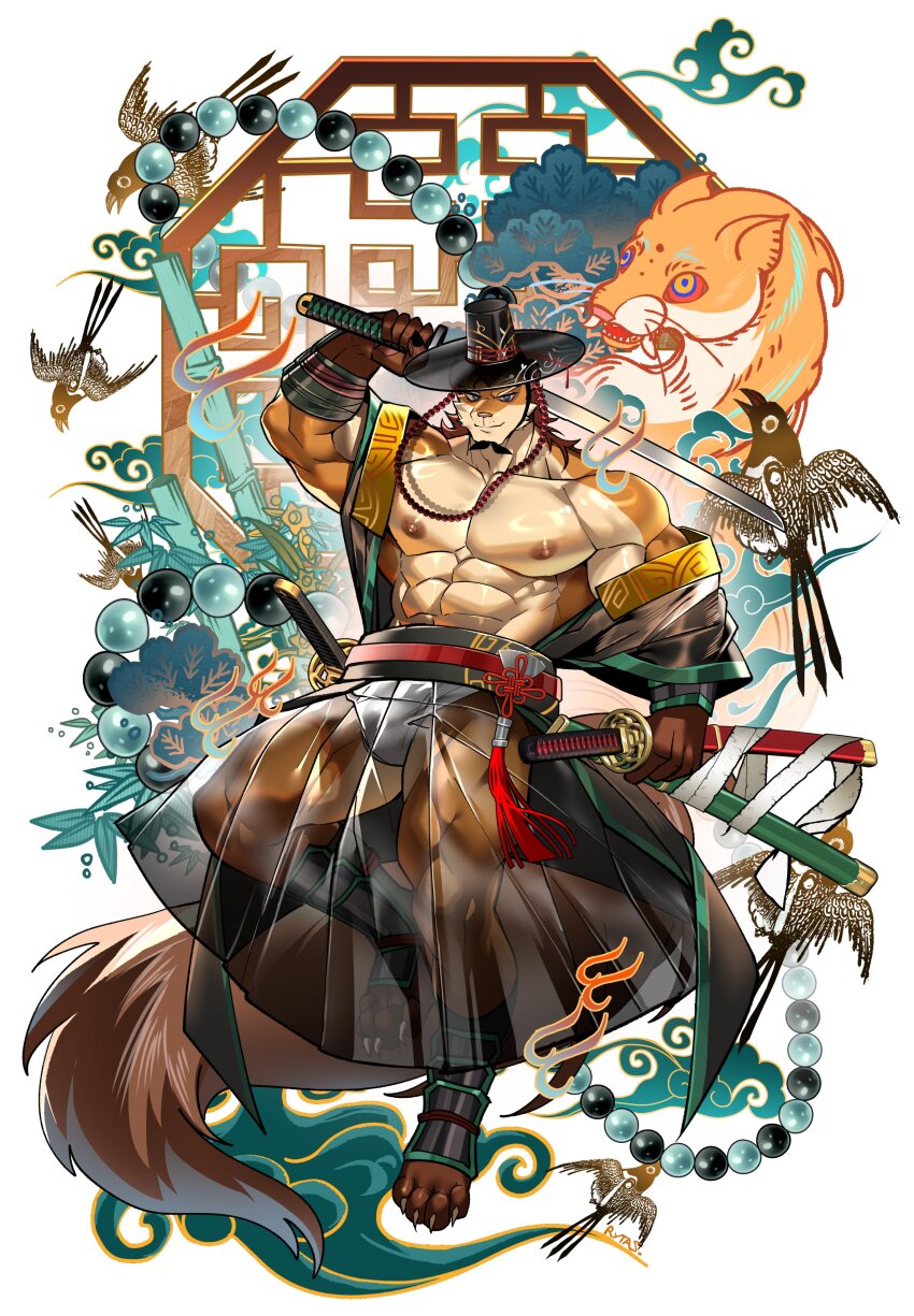1boy abs absurdres animal_ears bara bulge choi_yuhyun_(xxl) claws closed_mouth commentary english_commentary fundoshi furry furry_male highres holding holding_sheath holding_sword holding_weapon japanese_clothes looking_at_viewer male_focus muscular muscular_male nipples pectorals sheath sheathed smile sword tail toastytoastiee unsheathed weapon weasel_boy weasel_ears weasel_tail xxl_woofia