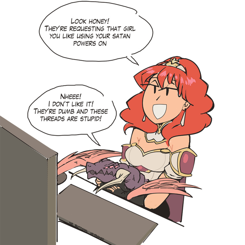 1girl celica_(fire_emblem) computer_keyboard computer_mouse davewaterfalls dragon dragon_horns earrings feathered_wings fire_emblem fire_emblem_echoes:_shadows_of_valentia grima_(fire_emblem) horns jewelry monitor nintendo red_hair sitting sitting_on_lap sitting_on_person speech_bubble tiara wings