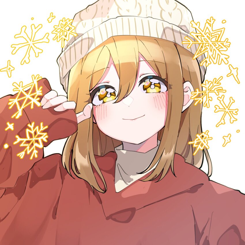 1girl beanie blush brown_hair closed_mouth commentary hair_between_eyes hat highres kam_tuki knit_hat kunikida_hanamaru long_hair long_sleeves love_live! love_live!_sunshine!! portrait red_sweater sidelocks simple_background sleeves_past_wrists smile snowflakes solo sweater white_background white_hat winter_clothes yellow_eyes