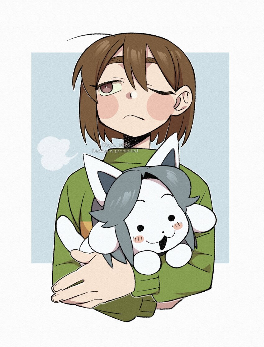 1other absurdres brown_eyes brown_hair chara_(undertale) closed_mouth green_sweater highres kageimo long_sleeves one_eye_closed short_hair sweater temmie undertale