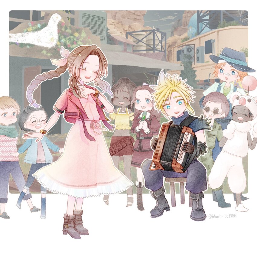4girls 5boys accordion aerith_gainsborough aqua_eyes armor baggy_pants bandaid bandaid_on_face bandaid_on_nose bangle black_footwear black_hat blonde_hair blue_eyes blue_overalls blue_pants blue_shirt bluelimbo8888 boots border bracelet braid braided_ponytail brother_and_sister brown_footwear brown_gloves brown_hair child chloe_(ff7) chocobo_billy choker closed_eyes cloud_strife collared_shirt cosplay cropped_jacket dark-skinned_female dark-skinned_male dark_skin dress final_fantasy final_fantasy_vii final_fantasy_vii_rebirth final_fantasy_vii_remake flower_choker full_body glasses gloves green_scarf hair_ribbon hand_on_own_chest hat highres instrument jacket jewelry long_dress long_hair moggie_(ff7r) moogle moogle_(cosplay) multiple_boys multiple_girls music oates_(ff7r) open_mouth overalls own_hands_clasped own_hands_together panties pants parted_bangs parted_lips pink_dress pink_ribbon priscilla_(ff7) red_jacket ribbon round_eyewear scarf shirt short_hair short_sleeves shoulder_armor siblings sidelocks singing single_braid single_shoulder_pad sleeveless sleeveless_turtleneck slums smile spiked_hair suspenders turtleneck twitter_username underwear white_border white_fur white_panties