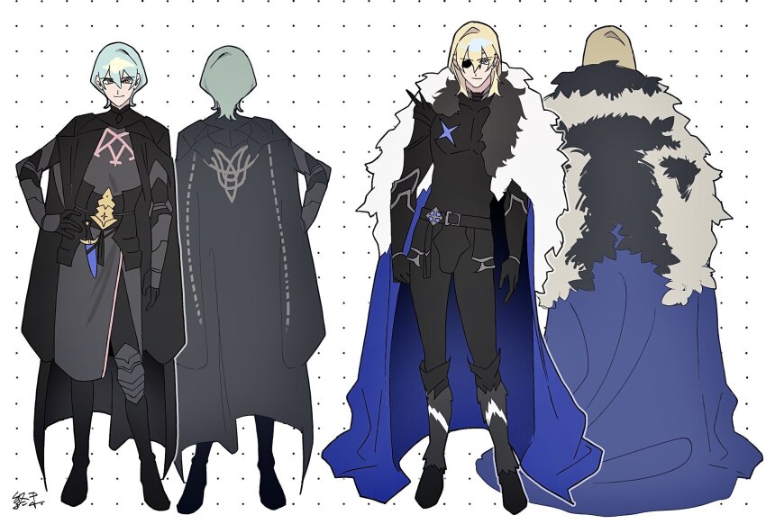 armor armored_gloves belt black_armor black_belt black_boots black_cape black_gloves black_shirt blonde_hair boots breastplate male_byleth_(enlightened)_(fire_emblem) male_byleth_(fire_emblem) cape closed_mouth dagger dimitri_alexandre_blaiddyd eyepatch fire_emblem fire_emblem:_three_houses from_behind from_front full_body garreg_mach_monastery_uniform2boys gloves gorget green_eyes green_hair hair_between_eyes hand_on_own_hip highres knife looking_at_viewer male_focus medium_hair multiple_boys multiple_views nintendo one_eye_covered ornate_clothes shirt short_hair shumatsu3210 side_cape simple_background smile standing weapon white_background white_fur
