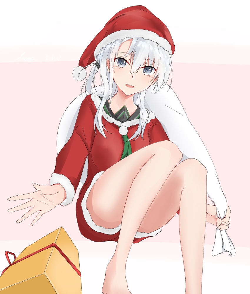1girl absurdres alternate_costume christmas dated dress feet_out_of_frame fur-trimmed_dress fur-trimmed_headwear fur_trim green_necktie grey_eyes grey_hair hair_between_eyes hat highres holding holding_sack kantai_collection lesoa long_hair looking_at_viewer necktie pink_background red_dress sack santa_costume santa_dress santa_hat signature simple_background smile solo suzutsuki_(kancolle) two-tone_background white_background