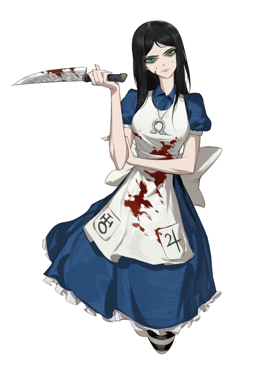 1girl absurdres aierlaobo alice:_madness_returns alice_liddell_(american_mcgee&#039;s_alice) american_mcgee&#039;s_alice apron black_hair blood blood_on_clothes blood_on_face bloody_knife blue_dress commentary dress frown green_eyes head_tilt highres holding holding_knife jewelry knife necklace omega_symbol pantyhose pendant puffy_short_sleeves puffy_sleeves short_sleeves solo striped_clothes striped_pantyhose white_apron