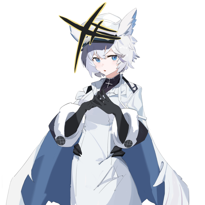 1girl absurdres alchemy_stars animal_ears black_gloves blue_eyes cape dress gloves hat highres long_sleeves looking_at_viewer luo_(luo33052478) open_mouth own_hands_together peaked_cap philyshy_(alchemy_stars) short_hair simple_background solo steepled_fingers turtleneck upper_body white_background white_dress white_hair