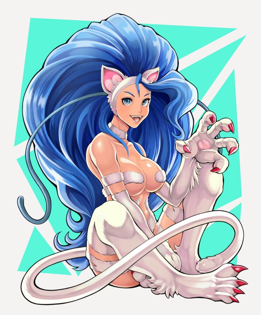 1girl animal_ears animal_hands aqua_background bare_shoulders blue_eyes blue_hair body_fur border cat_ears cat_girl cat_tail collarbone felicia_(darkstalkers) fingernails full_body highres long_fingernails long_hair looking_at_viewer nude sitting smile solo tail to-ru darkstalkers white_border white_fur white_tail