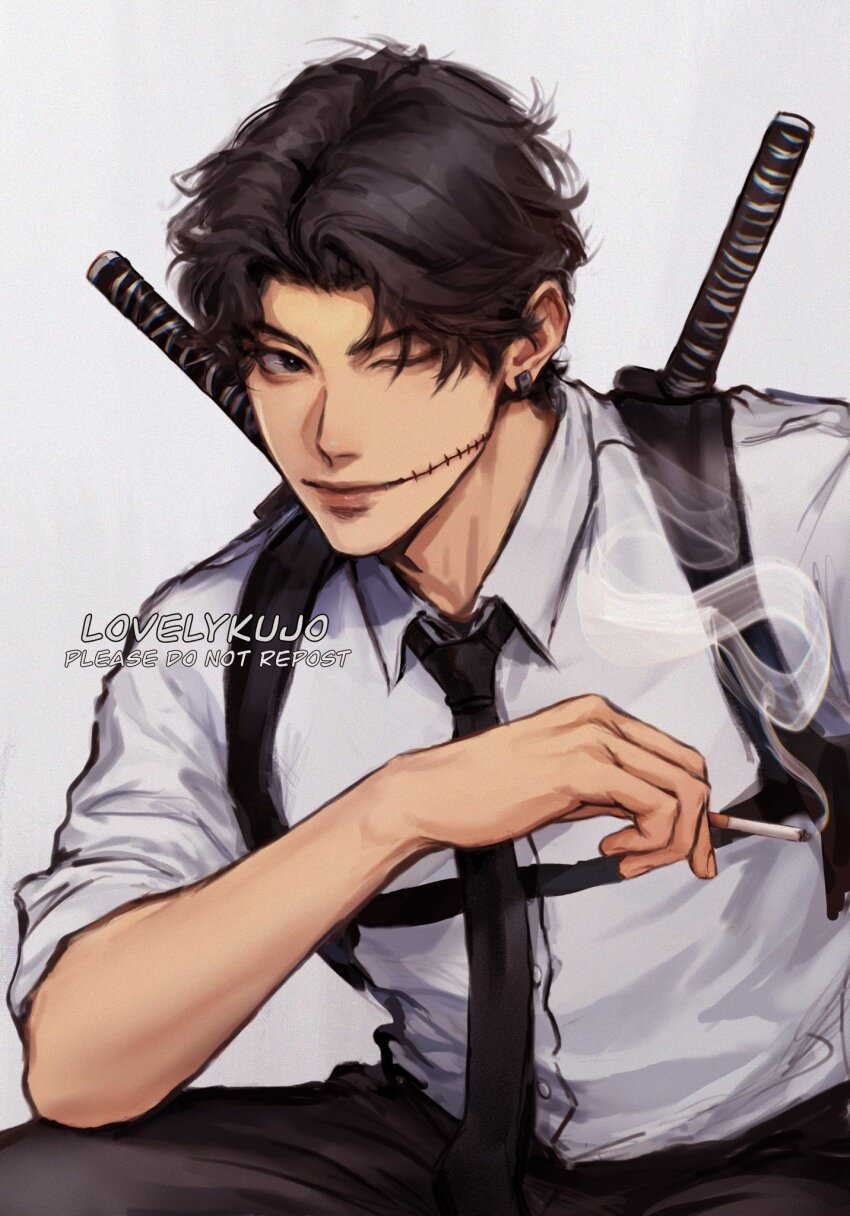 1boy artist_name black_eyes black_hair black_necktie chainsaw_man chest_harness cigarette collared_shirt ear_piercing formal_clothes harness highres holding holding_cigarette kishibe_(chainsaw_man) kishibe_(young)_(chainsaw_man) leaning_forward lovelykujo male_focus necktie one_eye_closed parted_bangs piercing shirt short_hair simple_background sleeves_rolled_up smoke solo stitched_mouth stitches suit weapon weapon_on_back white_background white_hair white_shirt