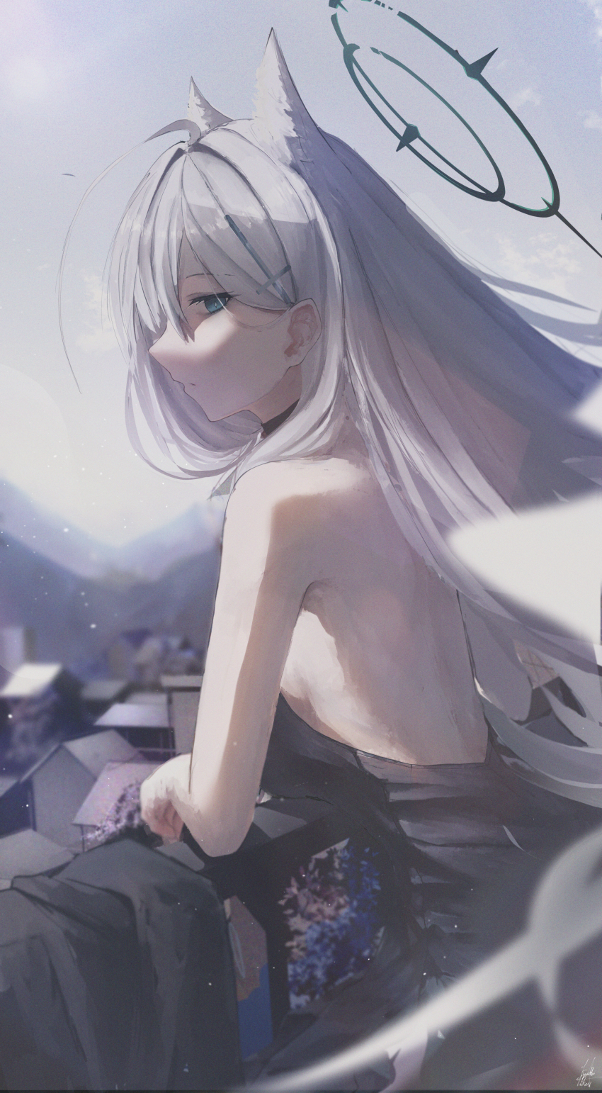 1girl absurdres animal_ears black_dress blue_archive blue_eyes cross_hair_ornament dress evening extra_ears green_halo grey_hair hair_ornament halo highres house kyatto-mikazu long_hair outdoors shiroko_(blue_archive) shiroko_terror_(blue_archive) solo wolf_ears wolf_girl