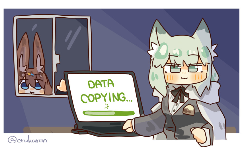 2girls :3 amiya_(arknights) animal_ears arknights cape cat_ears cat_girl computer english_text green_eyes green_hair harmonie_(arknights) highres indoors lcron multiple_girls peeking progress_bar white_cape window