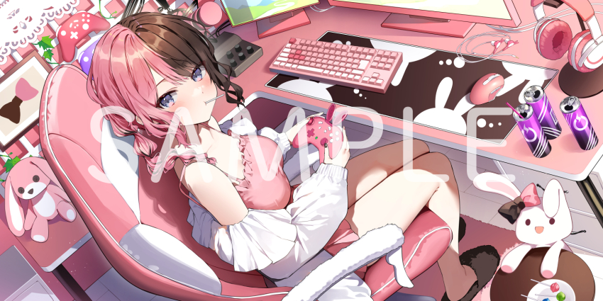 1girl alternate_costume amagasa_yun bare_legs black_hair blush breasts can candy chair collarbone commentary_request computer_keyboard computer_mouse controller desk deskmat drink_can food food_in_mouth frilled_chemise from_above game_controller gaming_chair headphones highres holding holding_controller holding_game_controller jacket jacket_partially_removed lollipop long_sleeves looking_at_viewer low_twintails medium_hair monitor multicolored_hair official_art open_clothes open_jacket pink_chemise pink_hair purple_eyes sample_watermark sitting slippers solo spaghetti_strap split-color_hair stuffed_toy swivel_chair tachibana_hinano twintails unworn_headphones virtual_youtuber vspo! watermark white_jacket