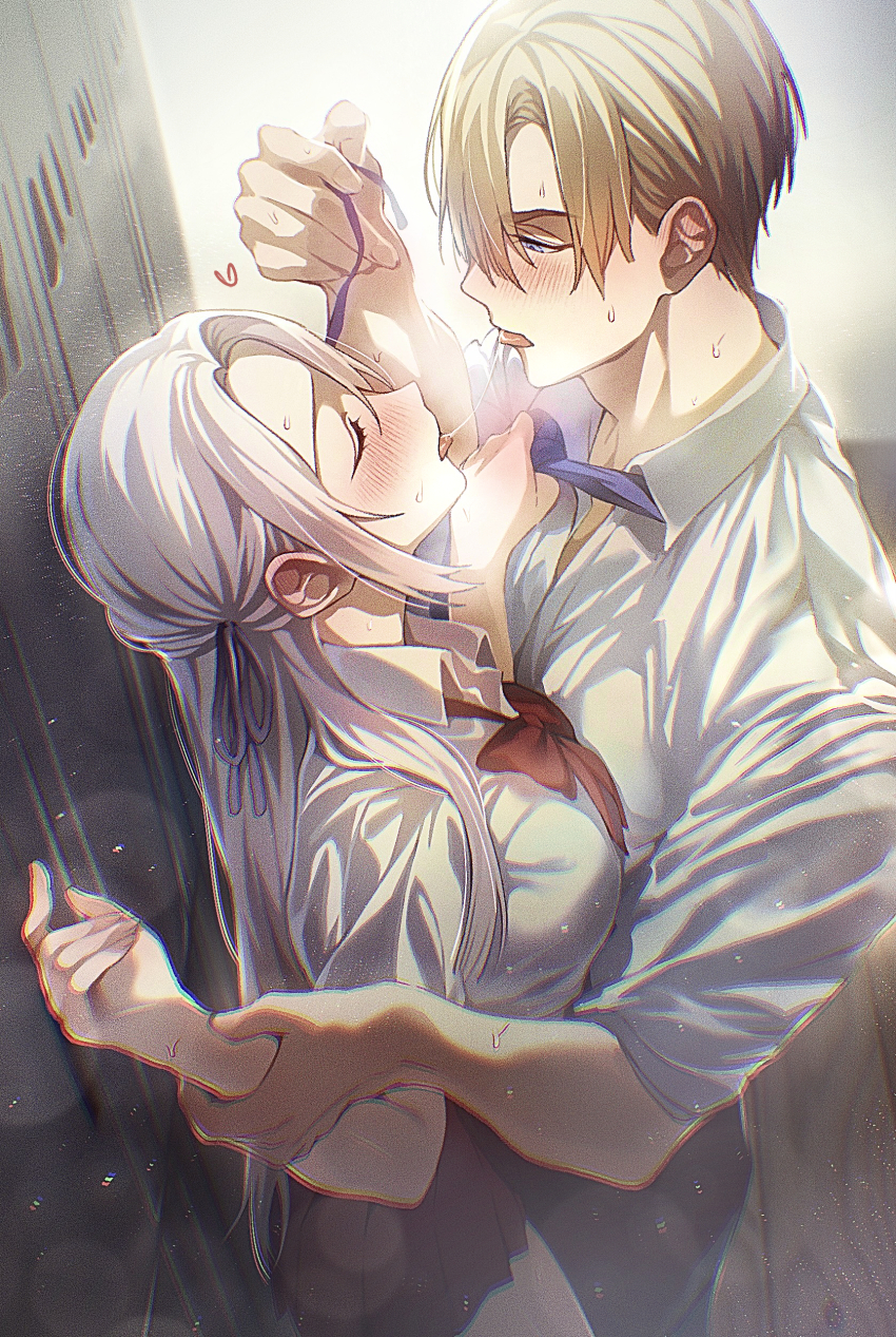 1boy 1girl absurdres after_kiss blonde_hair blue_eyes blue_necktie blurry blurry_background blurry_foreground blush bow bowtie breast_press breasts closed_eyes clothes_grab collared_shirt couple dated_commentary dimitri_alexandre_blaiddyd ear_blush edelgard_von_hresvelg face-to-face fire_emblem fire_emblem:_three_houses from_side hair_ribbon hands_up hetero highres holding holding_another&#039;s_wrist holding_ribbon implied_kiss indoors large_breasts long_hair looking_down necktie necktie_grab neckwear_grab nintendo pants parted_bangs pinned purple_ribbon red_bow red_bowtie ribbon saliva saliva_trail school_uniform shirt short_hair skirt soma_otakuu standing sweat tongue tongue_out white_hair white_shirt