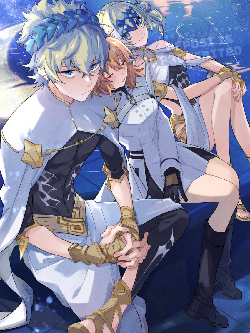 1boy 2girls ahoge armlet bare_shoulders black_gloves black_shirt blonde_hair blue_eyes bracer brother_and_sister castor_(fate) chaldea_logo chaldea_uniform collar dress fate/grand_order fate_(series) fujimaru_ritsuka_(female) fujimaru_ritsuka_(female)_(decisive_battle_chaldea_uniform) fujimaru_ritsuka_(male) gloves highres jacket jewelry kajijii leaning_on_person long_sleeves medium_hair metal_collar multiple_girls novum_chaldea orange_eyes orange_hair own_hands_clasped own_hands_together pollux_(fate) robe shirt short_hair siblings sitting sleeping sleeping_on_person smile twins white_dress white_jacket white_robe