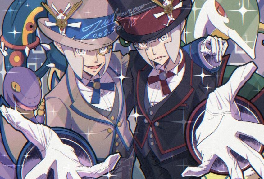 1boy buttons dunsparce eelektross ekans emmet_(pokemon) emmet_(special_costume)_(pokemon) formal_clothes from_side fukurow gen_1_pokemon gen_2_pokemon gen_5_pokemon gen_7_pokemon gloves grey_eyes grey_hair hand_on_headwear hat ingo_(pokemon) ingo_(special_costume)_(pokemon) jacket kartana male_focus monocle nintendo official_alternate_costume open_mouth pokemon pokemon_(creature) pokemon_masters_ex serperior shirt short_hair smile top_hat ultra_beast vest white_gloves white_shirt