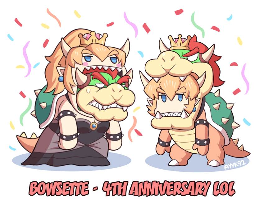 1girl anniversary armlet ayyk92 blonde_hair blue_eyes bowser bowser_(cosplay) bowsette bowsette_(cosplay) bracelet chibi cosplay crown dress dual_persona full_body horns jewelry leaning_forward looking_at_viewer mario_(series) new_super_mario_bros._u_deluxe nintendo sharp_teeth simple_background spiked_armlet spiked_bracelet spiked_shell spiked_tail spikes standing strapless strapless_dress super_crown tail teeth turtle_shell v-shaped_eyebrows white_background