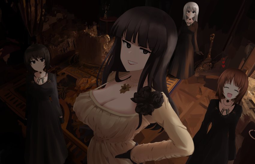 4girls absurdres aikir_(jml5160) alcina_dimitrescu alcina_dimitrescu_(cosplay) bela_dimitrescu black_dress black_hair blue_eyes breasts brooch brown_eyes brown_hair cassandra_dimitrescu cleavage cosplay crossover daniela_dimitrescu dress girls_und_panzer grin hat heart highres hood indoors itsumi_erika jewelry large_breasts long_hair looking_at_viewer mature_female mother_and_daughter multiple_girls necklace nishizumi_maho nishizumi_miho nishizumi_shiho resident_evil resident_evil_village siblings silver_hair sisters smile unworn_hat unworn_headwear white_dress