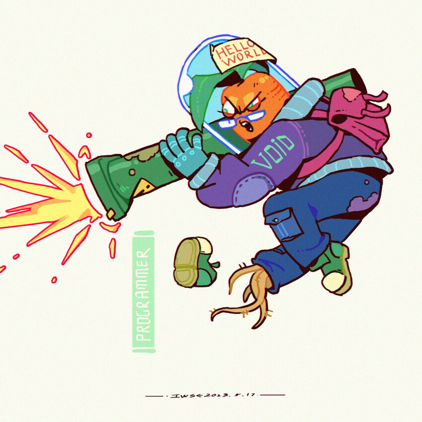 1other artist_name backpack bag bazooka blue_gloves blue_pants character_name chromatic_aberration colored_skin copyright_name dated elbow_pads english_text firing full_body gloves green_eyes green_hair green_shoes half-closed_eyes hand_up highres iwse_zhang jacket leaf long_sleeves open_mouth orange_skin original other_focus pants plant_roots pocket purple_jacket shoes sign signature simple_background single_shoe solo teeth uneven_eyes unworn_shoe v-shaped_eyebrows warning_sign weapon white_background
