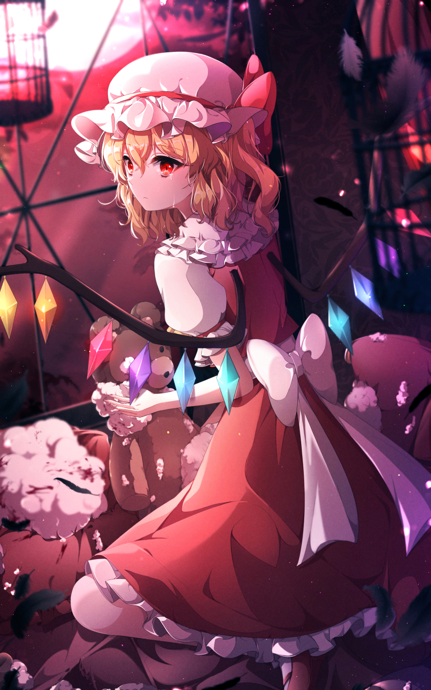 1girl absurdres back_bow birdcage blonde_hair blood bow cage commentary_request crystal falling_feathers feathers flandre_scarlet frilled_shirt_collar frilled_skirt frills full_moon hat hat_bow hat_ribbon highres holding holding_toy indoors kneeling light_frown looking_to_the_side mary_janes mob_cap moon night puffy_short_sleeves puffy_sleeves red_bow red_moon red_ribbon red_shoes red_skirt red_vest ribbon shirt shoes short_hair short_sleeves side_ponytail skirt socks solo stuffed_animal stuffed_toy stuffing tearing_up tears teddy_bear touhou toy umyo_(uu_o3o_8) vest white_bow white_hat white_shirt white_socks window wings