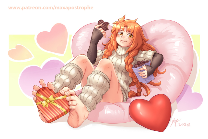 2021 bag bare_legs barefoot bow braid braided_bangs candy chocolate chocolate_heart eating feet fingerless_gloves food foot_focus full_mouth gloves heart heart-shaped_pillow holding holding_bag holding_food holding_with_feet leg_warmers les_chevaucheurs long_hair long_sleeves looking_at_viewer maxa&#039; messy_hair orange_hair patreon_username phenice_walholl pillow solo spread_toes striped sweater toes turtleneck turtleneck_sweater twin_braids white_background white_leg_warmers wrapped yellow_eyes