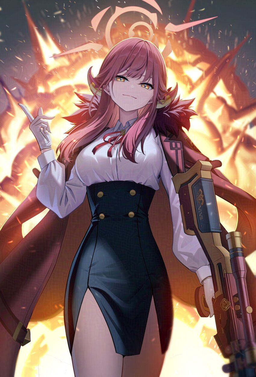 1girl adversarial_noise aru_(blue_archive) blue_archive breasts coat coat_on_shoulders explosion gloves gun high-waist_skirt highres horns large_breasts long_hair narrow_waist necktie problem_solver_68_(blue_archive) red_coat red_hair rifle shirt sion_(9117) skirt sniper_rifle thighs weapon white_gloves yellow_eyes
