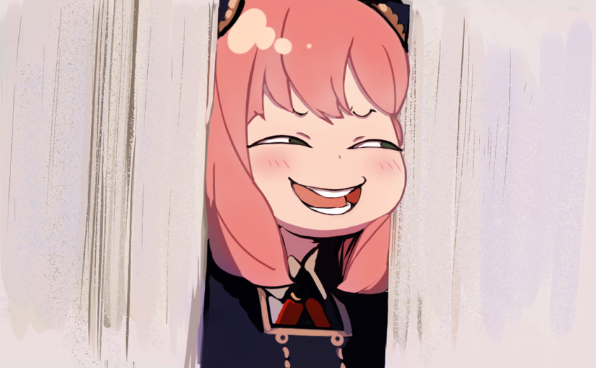 1girl anya&#039;s_heh_face_(meme) anya_(spy_x_family) black_dress child dress eden_academy_school_uniform green_eyes here&#039;s_johnny!_(meme) higemu looking_to_the_side medium_hair meme open_mouth parody pink_hair school_uniform smile smug solo spy_x_family teeth the_shining tongue