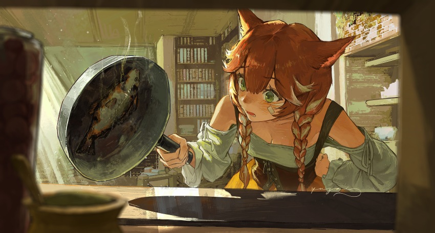 1girl absurdres animal_ears bandaid bandaid_on_cheek bandaid_on_face blurry blurry_foreground bookshelf braid burnt_food cat_ears cooking day depth_of_field final_fantasy final_fantasy_xiv fish_(food) from_inside frying_pan green_eyes hand_on_own_hip highres holding holding_frying_pan indoors leaning_forward long_hair miqo&#039;te multicolored_hair off_shoulder orange_hair signature solo twin_braids two-tone_hair warrior_of_light_(ff14) yuzaiii