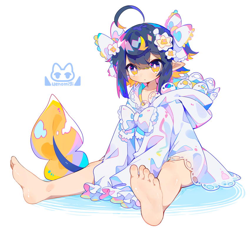 1girl absurdres ahoge barefoot black_hair blonde_hair bow collarbone commentary_request feet flower full_body hair_between_eyes hair_bow hair_flower hair_ornament highres hood hood_down hoodie lamprey_girl_(uenomigi) long_sleeves looking_at_viewer multicolored_hair original pink_hair pointy_ears puffy_long_sleeves puffy_sleeves sidelocks simple_background sitting sleeves_past_fingers sleeves_past_wrists soles solo streaked_hair tail toes uenomigi white_background white_bow white_flower white_hoodie
