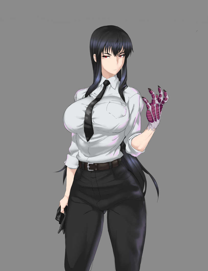 1girl belt black_hair black_necktie black_pants breasts brown_belt claws closed_mouth collared_shirt cowboy_shot demon_hand genderswap genderswap_(mtf) ginzou gloves grey_background highres holding holding_unworn_clothes holding_gloves holding_unworn_clothes instant_loss jigoku_sensei_nube large_breasts long_hair looking_at_viewer necktie nueno_meisuke pants ponytail red_eyes shirt simple_background sleeves_rolled_up solo unworn_gloves very_long_hair white_shirt wing_collar
