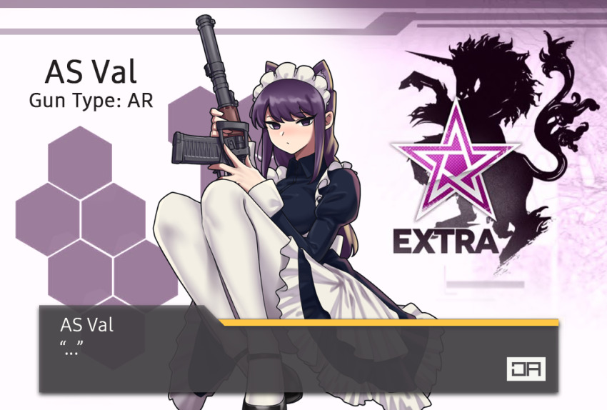... 1girl as_val as_val_(girls&#039;_frontline) assault_rifle girls&#039;_frontline gun integral_suppressor integrally-suppressed_firearm kalashnikov_rifle komi-san_wa_komyushou_desu komi_shouko maid purple_background rifle suppressor weapon