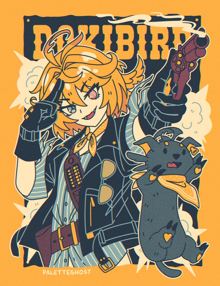 1girl absurdres ahoge animal aqua_eyes aqua_shirt belt black_gloves black_jacket blonde_hair brown_belt character_name doki_amber_doge_(dokibird) dokibird_(vtuber) dokibird_(vtuber)_(bounty_hunter) gloves gun heterochromia highres indie_virtual_youtuber jacket medium_hair neckerchief open_clothes open_jacket open_mouth paletteghost red_eyes shirt signature smile smoke smoking_barrel striped_clothes striped_shirt upper_body vertical-striped_clothes vertical-striped_shirt virtual_youtuber weapon yellow_background