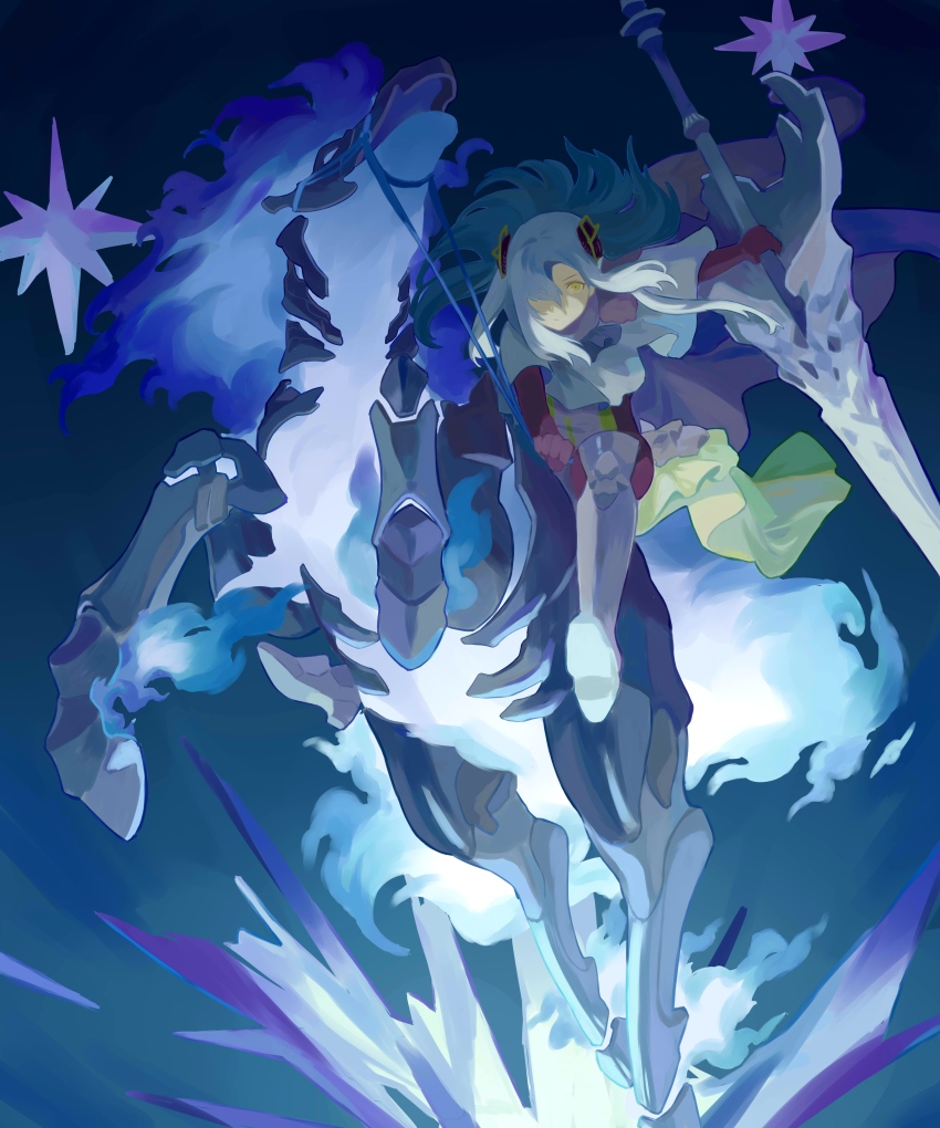 1girl absurdres alchemy_stars blue_background boots capelet carleen_(alchemy_stars) commentary gradient_background hair_over_one_eye highres holding holding_polearm holding_reins holding_weapon horse horseback_riding polearm reins ricmoo3 riding skeleton_horse solo weapon white_hair yellow_eyes