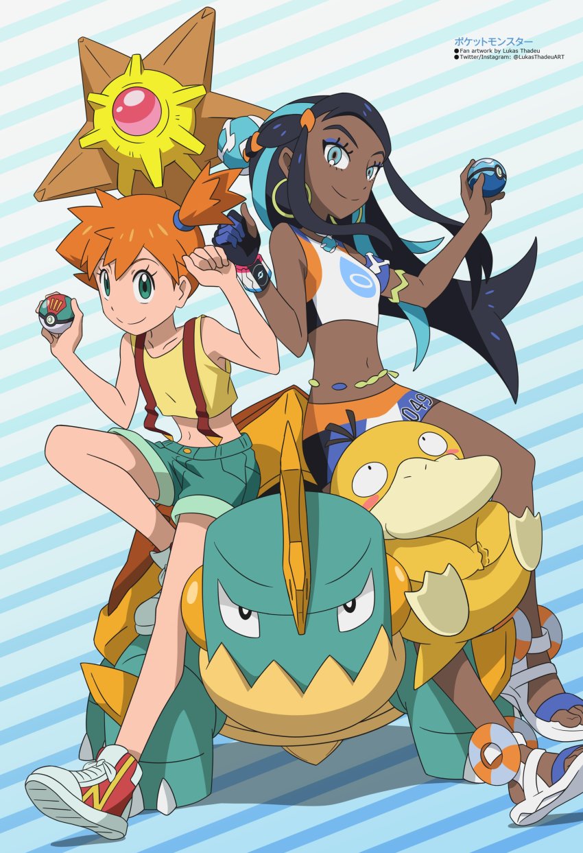 2girls absurdres asymmetrical_hair black_hair blue_eyes blue_hair bubble creatures_(company) dark_skin drednaw game_freak gen_1_pokemon gen_8_pokemon grin head_rest highres holding holding_poke_ball jewelry long_hair looking_at_viewer lukas_thadeu midriff misty_(pokemon) multicolored_hair multiple_girls necklace nessa_(pokemon) nintendo orange_hair poke_ball pokemon pokemon_(anime) pokemon_(classic_anime) pokemon_swsh ponytail psyduck sandals shirt shoes side_ponytail sleeveless sleeveless_shirt smile staryu suspenders swimsuit two-tone_hair yellow_shirt