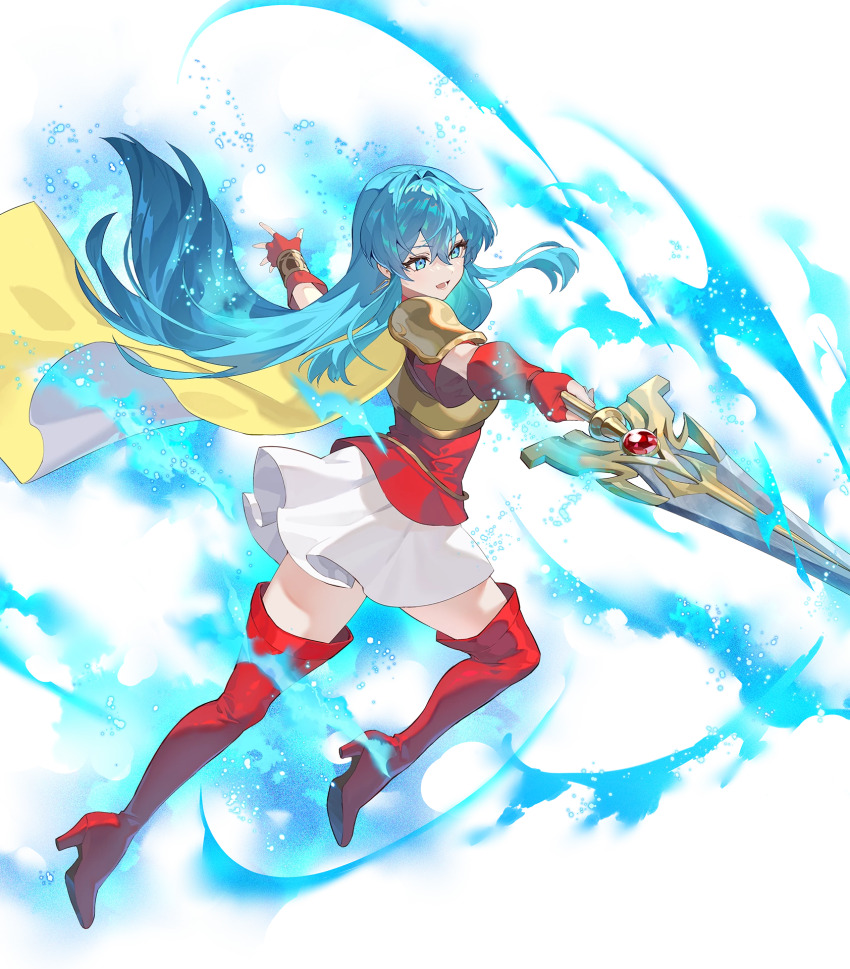 1girl aqua_eyes aqua_hair armor attack aura boots breastplate cape eirika_(fire_emblem) fingerless_gloves fire_emblem fire_emblem_engage fire_emblem_heroes gloves high_heel_boots high_heels highres holding holding_sword holding_weapon long_hair lunge multicolored_cape nintendo non-web_source official_art open_mouth red_gloves shoulder_pads skirt solo sword thigh_boots weapon white_cape white_skirt yellow_cape