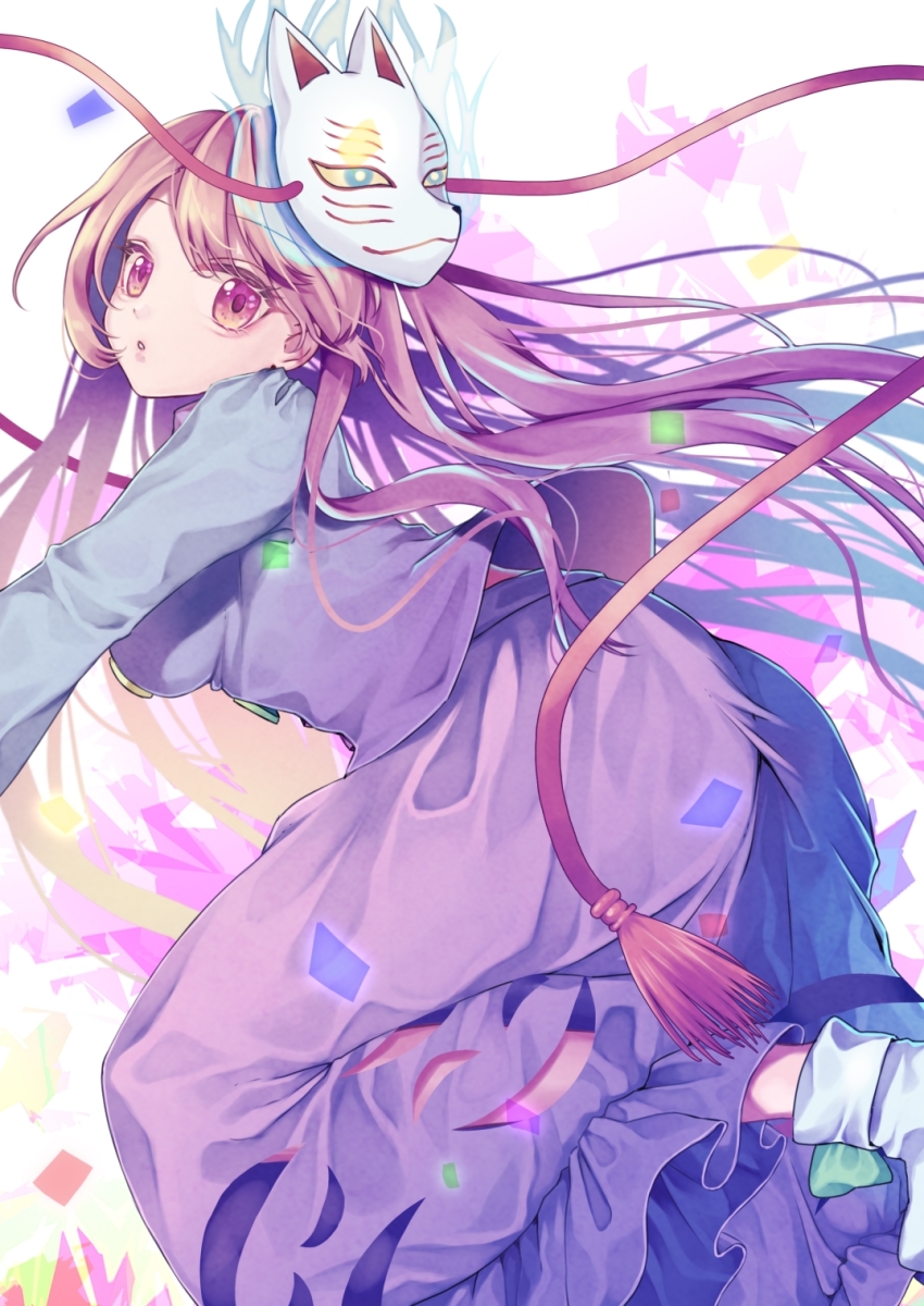 1girl alternate_color bent_over blouse blue_shirt breasts bubble_skirt commentary_request expressionless female_focus fox_mask from_side hata_no_kokoro highres leg_up long_hair long_skirt looking_at_viewer looking_back mask mask_on_head medium_breasts parted_lips pink_eyes pink_hair purple_skirt rnkgmn shirt skirt solo touhou very_long_hair