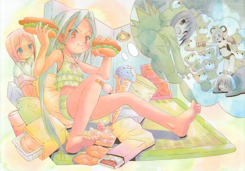 00s 5girls absurdres angry barefoot blue_eyes brown_eyes cake choco_(chocolate_shop) eating feet food frog highres ice_cream kuroi_sumi moetan multiple_girls nijihara_ink official_art pop purple_hair sandwich shiratori_alice sitting sleepwear soles stuffed_animal stuffed_toy teddy_bear toes
