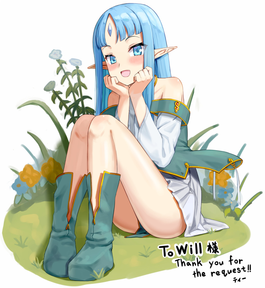 1girl bare_shoulders blue_eyes blue_hair blush boots commission dress flower forehead_jewel full_body highres kalar_(race) knees_up long_hair long_sleeves looking_at_viewer open_mouth parted_bangs pastel_kalar pointy_ears px-tea rance_(series) short_dress sitting skeb_commission smile solo thighs