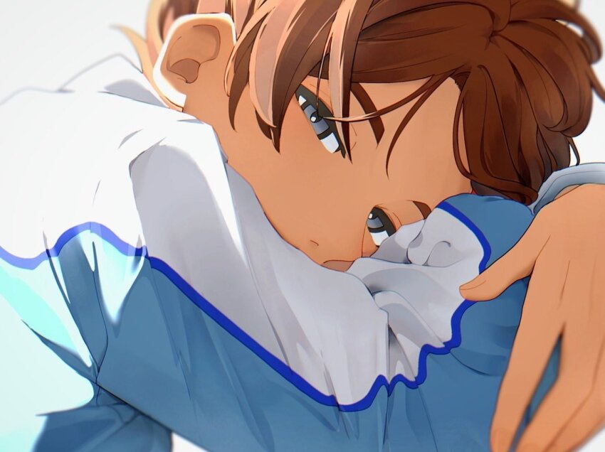 1boy blue_eyes brown_hair close-up covered_mouth dame! inazuma_eleven_(series) inazuma_eleven_go long_sleeves looking_at_viewer matsukaze_tenma short_hair simple_background solo white_background