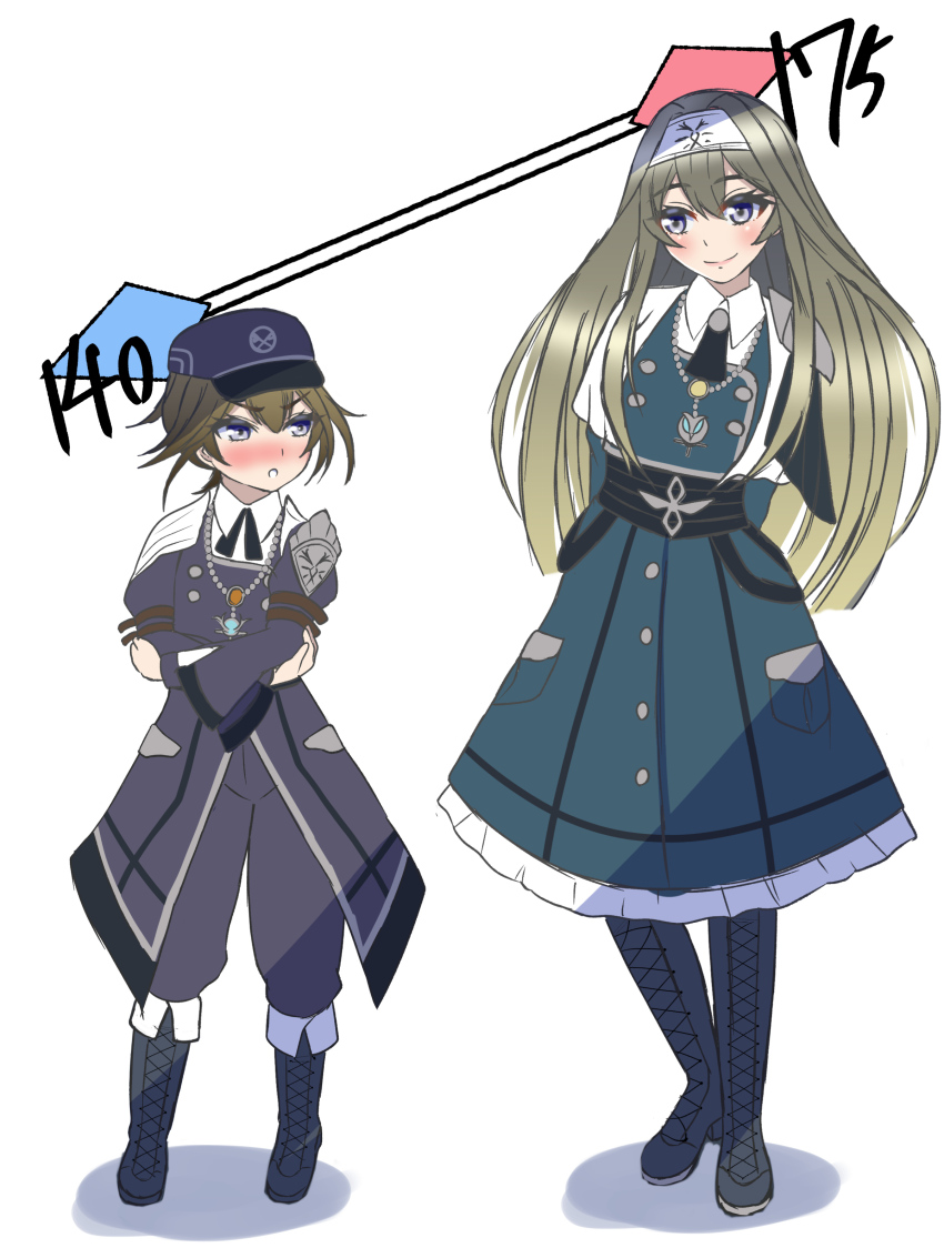 2girls absurdres boots brown_hair dress duel_monster exosister_irene exosister_sophia full_body green_dress grey_dress grey_eyes hairband hat height height_conscious height_difference height_envy highres jewelry juubun_maeda looking_at_another multiple_girls necklace short_hair smile standing white_background yu-gi-oh!