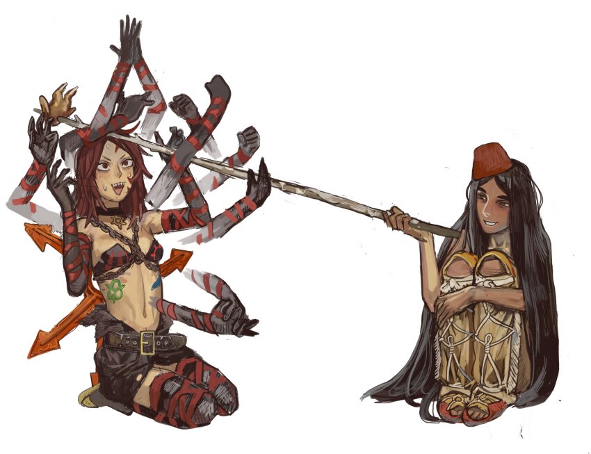 1boy 1girl absurdres afterimage aged_down androgynous bare_shoulders belt bishounen black_belt black_bra black_choker black_gloves black_hair black_skirt black_thighhighs bra breasts brown_eyes brown_footwear brown_pants chain chaos_(warhammer) chaos_undivided_(symbol) chest_tattoo choker crotchless crotchless_pants cultist-chan elbow_gloves emperor_of_mankind gloves grin hair_between_eyes hands_on_own_knees highleg highleg_panties highres holding holding_stick long_hair loose_belt messy_hair mossacannibalis navel nurgle_(symbol) open_mouth panties pants red_eyes red_hair revealing_clothes rust sharp_teeth shoes showgirl_skirt simple_background sitting skinny skirt slaanesh_(symbol) small_breasts smile solo_focus stick strapless strapless_bra sweatdrop tattoo teeth thighhighs thighs topless_male torn_clothes tzeentch_(symbol) underwear very_long_hair warhammer_40k white_background